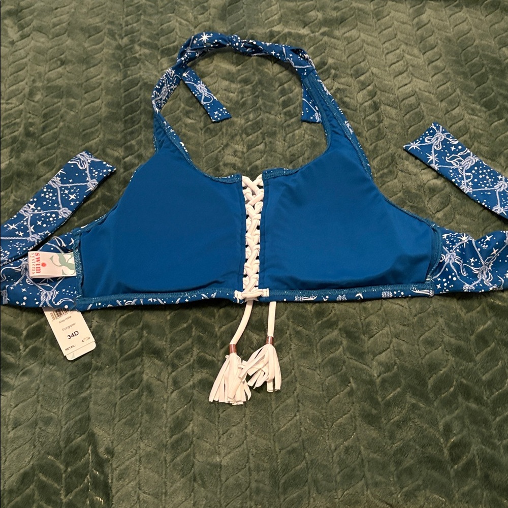 NWT Swim Systems Halter Bikini Top Blue White Nautical Pattern 34D - Picture 3 of 8